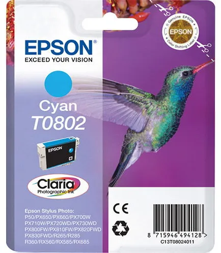 Epson T0802 C13T08024011 Cyan Bläckpatron, 350 sidor